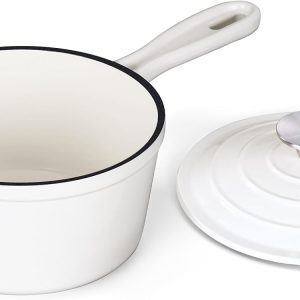 1QT Sauce Pan, Enameled Cast Iron Saucepan  Pot with Lid, Small Cooking Sauce Pot, Nonstick & Oven Safe – White