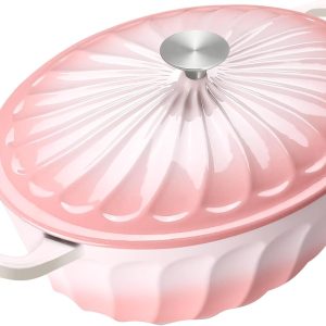 Enameled Oval  Pot with Lid, 7 QT Cast Iron  with Dual Handles for Cooking, Bread Baking, Frying, Non-stick Enamel Coated Oven (7 QT Gradient Pink)
