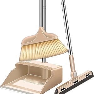 Broom Set Easy Cleaning Broom and Dustpan Set Upright Self-Cleaning Sweeping Standing Set Use for Office Kitchen Home and Lobby Broom and Dustpan Combo (Beige)