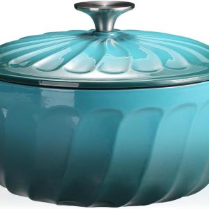 Enameled Cast Iron  with Lid, 3 QT Cast Iron  Pot, Heavy Duty Cast Iron Pot for for Bread Baking, Cook, Bake, Oven Safe across All Cooktops (BlueGreen,3 QT)