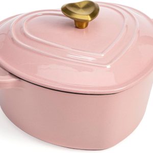 Enameled Cast Iron  Heart-Shaped Pot with Lid, Dual Handles, Works on All Stovetops, Oven Safe to 500°F, 2-Quart, Pink