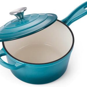 Enameled Cast Iron Sauce Pan, 2QT Saucepan with Lid, Small Cast Iron Pot for Cooking, Enamel  Nonstick & Heavy Duty – Dark Cyan