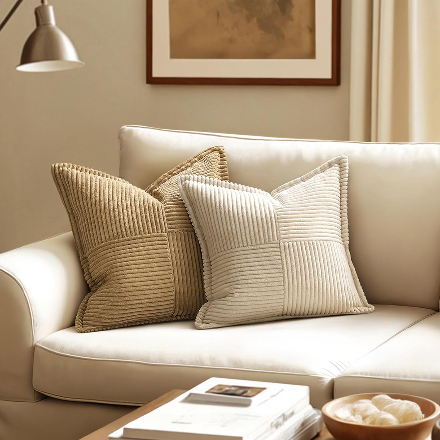 Decorative Throw Pillow Covers for Couch Bed Livingroom 18x18 Inch Set of 2 Beige Boho Accent Throw Pllows Broadside Striped Patchwork Soft Corduroy Pillowcases - Image 2