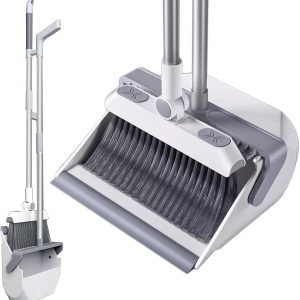 Broom with Dustpan Set 180° Rotatable Long Handle Broomstick Standing Dust Pan and Broom Set for Office Home Kitchen Lobby Floor Cleaning, Lightweight Aluminum Alloy