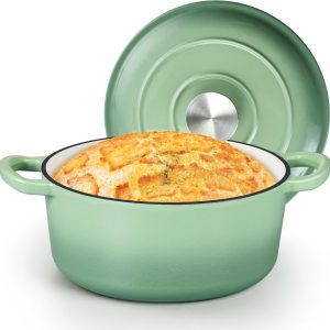 Small 3 Quart ,  Round Cast Iron Cooking Pot with Lid, Nonstick Enameled Cookware for Sourdough Bread Baking Roasting Stewing Braising Frying, Heavy Duty & Oven Safe 500℉, Green