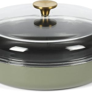 3.75 Quart Enamel Cast Iron All In One Multi-Purpose Non-Toxic Nonstick  Pan W/Borosilicate Glass Lid - Juniper Green