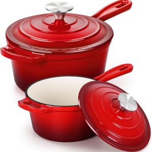 Sauce Pan Set with Lid, 1Qt & 2Qt Enameled Cast Iron Pot Sets for Kitchen Cooking, Small Heavy Duty  Saucepans & Self-basting Lids, Induction-Ready & Easy Clean, Red