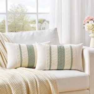 Set of 2 Sage Green Boho Lumbar Decorative Throw Pillow Covers 12x20 Inch for Living Room Bedroom Couch Bed Chair, Rustic Retro Cushion Case, Bohemian Room Home Decor