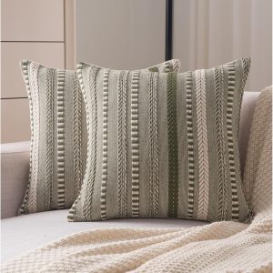Boho Throw Pillow Covers 18x18 Inch Set of 2, Farmhouse Decorative Couch Pillow Cases, Green Accent Pillows of Bed, Sofa Bedroom Living Room Home Decor Cushion Cover