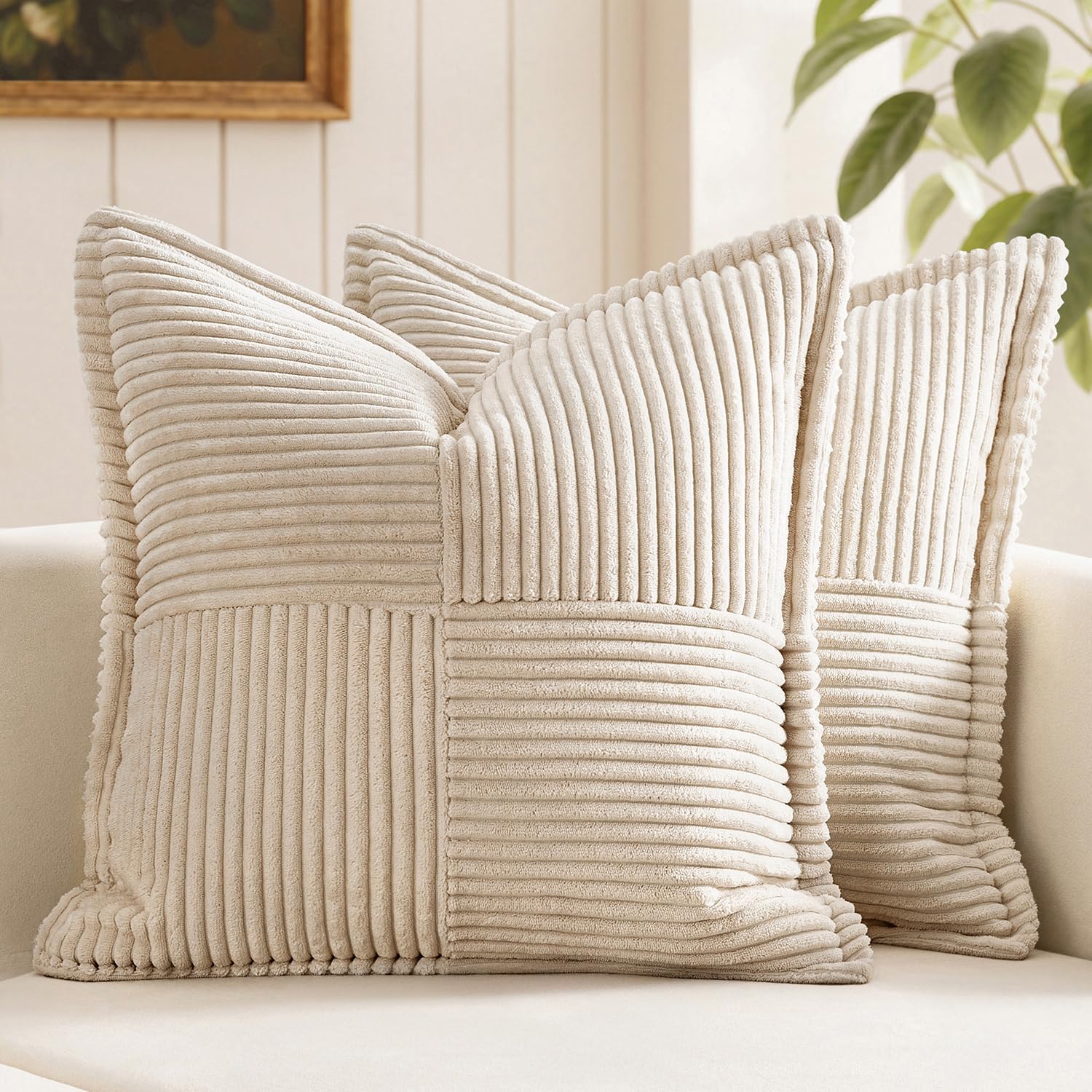 Decorative Throw Pillow Covers for Couch Bed Livingroom 18x18 Inch Set of 2 Beige Boho Accent Throw Pllows Broadside Striped Patchwork Soft Corduroy Pillowcases