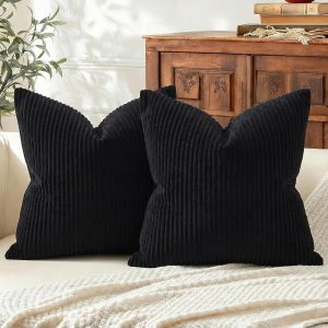 Mec Corduroy Summer Decorative Throw Pillow Covers 18x18 Set of 2 for Sofa Living Room, Soft Neutral Boho Couch Pillow Covers for Home Decor, Black