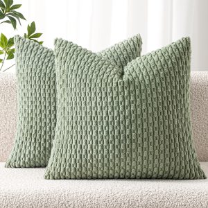 Pack of 2 Decorative Throw Pillow Covers 18x18 Inch Soft Boho Striped Textured Corduroy Pillow Covers Spring Modern Farmhouse Home Decor for Couch Bed Sofa Living Room Sage Green