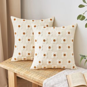 Decorative Throw Pillow Covers Sun Flower Jacquard Pillowcase Cushion Case Square for Couch Sofa Bed Living Room Bedroom Set of 2, 18x18 Inch, Beige