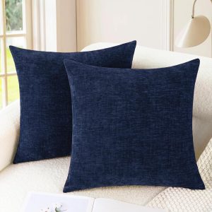 Throw Pillow Covers Decorative 18 X 18 Inches Pack of 2 Cozy Chenille Cushion Cases for Couch Sofa Bed Living Room Home Navy Blue