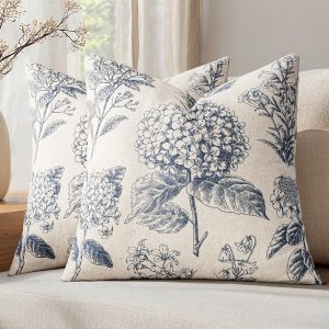 Set of 2 Decorative Floral Neutral Pillow Covers 18x18 Inch Light Blue Hydrangea Print Outdoor Boho Vintage Throw Cushion Covers for Sofa Couch Porch Bedroom Living Room Summer Home Decor