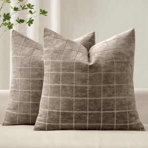 Decorative Chenille Check Throw Pillow Covers Vintage Plaid Couch Pillows 18x18 Inch Set of 2 Neutral Boho Farmhouse Cushion Covers Modern Spring Home Decor for Sofa Bed Living Room