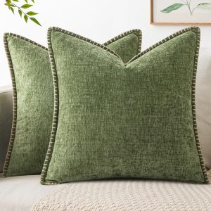 Pack of 2 Couch Throw Pillow Covers 18x18 Inch Sage Green Farmhouse Decorative Pillow Covers with Stitched Edge Soft Chenille Solid Dyed Summer Pillow Covers for Sofa Bed Living Room