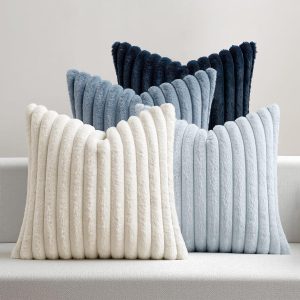 Faux Fur Plush Decorative Throw Pillow Covers 18x18 Set of 4, Summer Modern Soft Fuzzy Coastal Striped Cushion Covers for Sofa Couch Bed Living Room Cozy Home Decor,Navy Blue