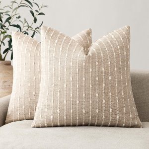 Pack of 2 Decorative Jacquard  Throw Pillow Covers Accent Textured Striped Pillowcases Soft Boho Modern Cushion for Couch Sofa Bedroom Living Room Home Decor 20x20 Inch Natural Beige