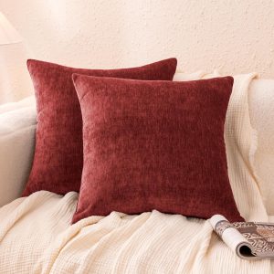 Chenille Throw Pillow Covers, Home Decor Cushion Cover for Bedroom Living Room Couch Bed, 18" W × 18" L, Burgundy