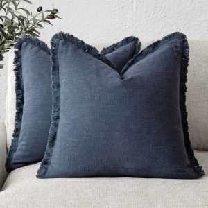 Set of 2 Decorative Linen Fringe Throw Pillow Covers Cozy Boho Farmhouse Cushion Cover with Tassels Soft Accent Pillowcase for Couch Sofa Bed Living Room Home Decor,18×18 Inch,Navy Blue